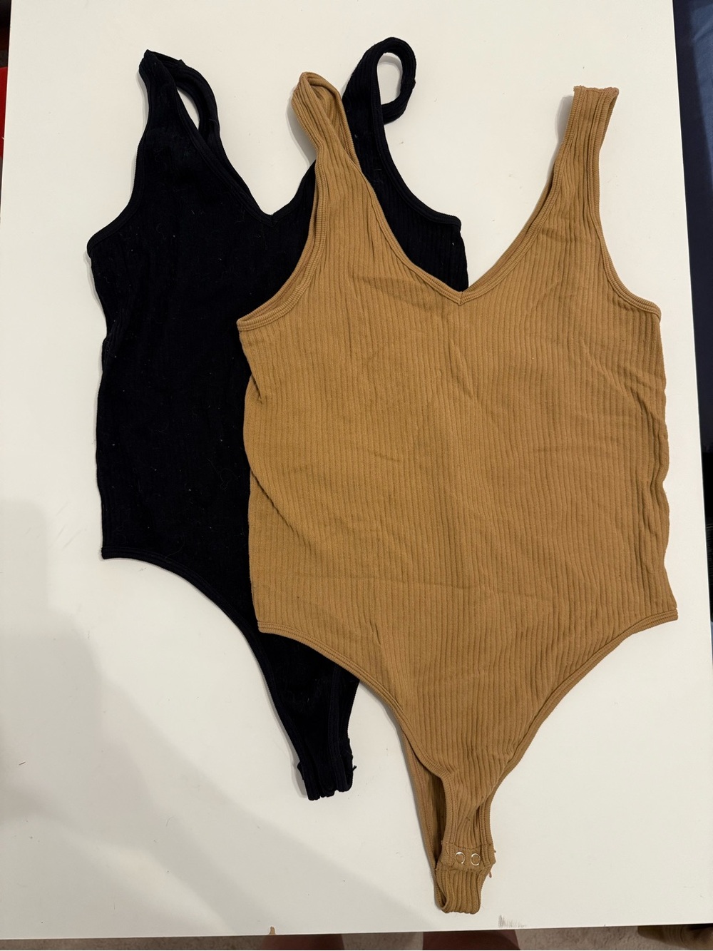 Ribbed V-Neck Bodysuit Duo in Black & Camel
